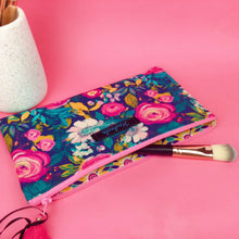 Load image into Gallery viewer, Navy and Pink Floral Zipper Pouch, Travel Pouch.
