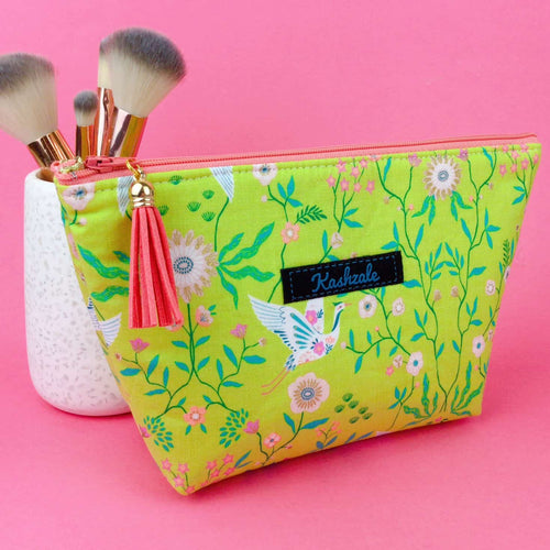 Lime Cranes Medium Cosmetic Bag. Green Cosmetic Bags - Kashzale Cosmetic Bags