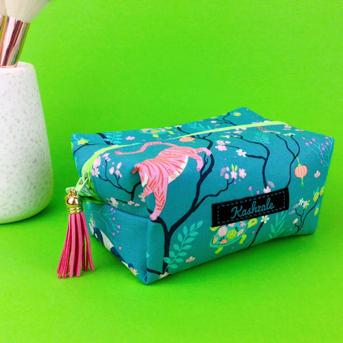 Teal Pandas and Tigers Medium Box Makeup Bag. Teal Makeup Bag - Kashzale Cosmetic Bags