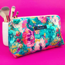 Load image into Gallery viewer, Teal and Pink Floral Medium Makeup Bag.
