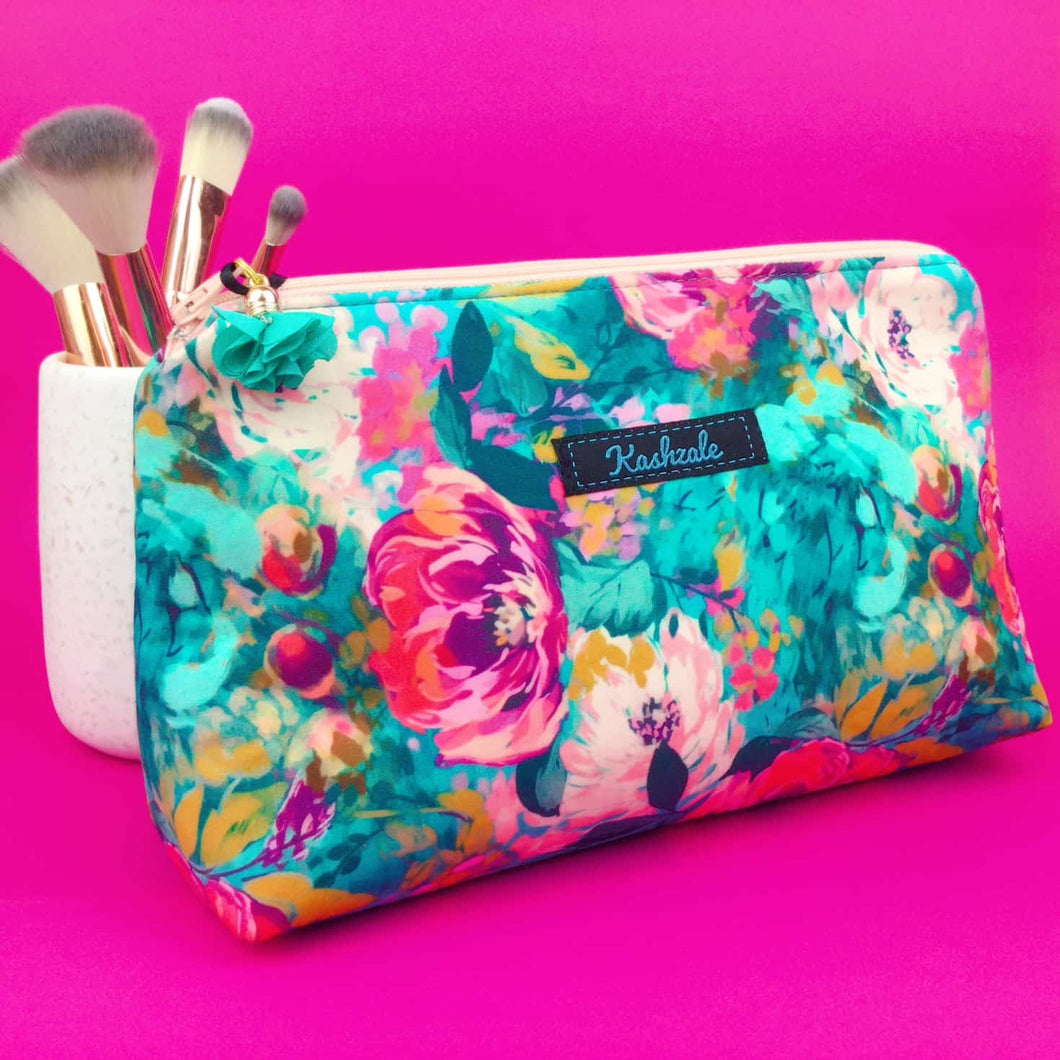 Teal and Pink Floral Medium Makeup Bag.