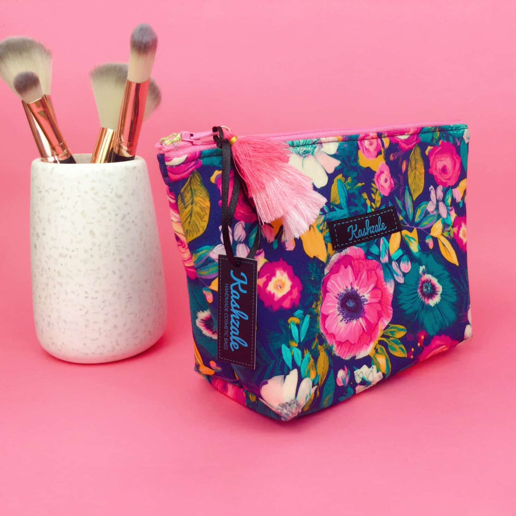 Navy and Pink Floral Medium Cosmetic Bag.