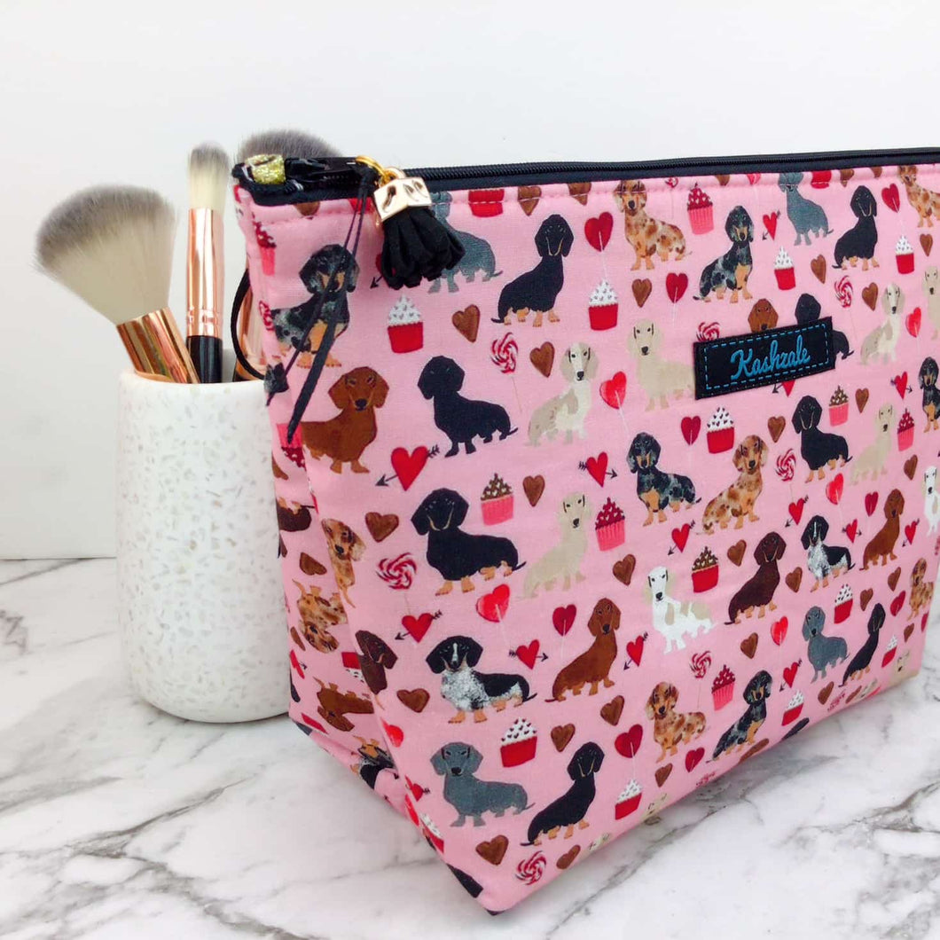 Dachshund Large Makeup Bag. Pink