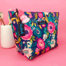 Load image into Gallery viewer, Navy and Pink Floral Large Makeup Bag.
