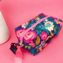 Load image into Gallery viewer, Navy and Pink Floral Medium Box Makeup Bag.
