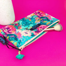 Load image into Gallery viewer, Teal and Pink Floral Zipper Pouch, Travel Pouch.l
