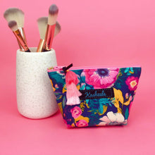 Load image into Gallery viewer, Navy and Pink Floral Small Makeup Bag.
