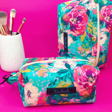 Load image into Gallery viewer, Teal and Pink Floral Medium Box Makeup Bag.
