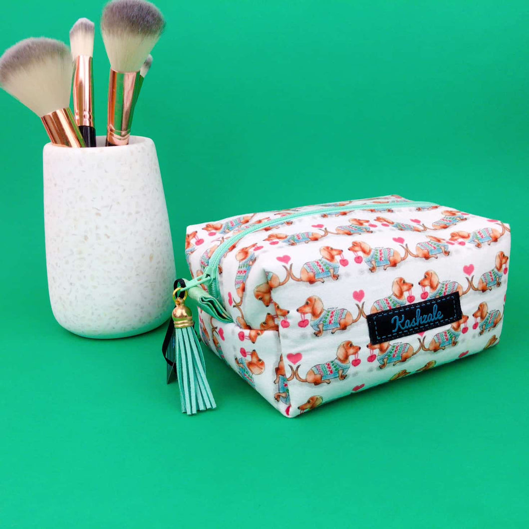 Dachshund Medium Box Makeup Bag. White