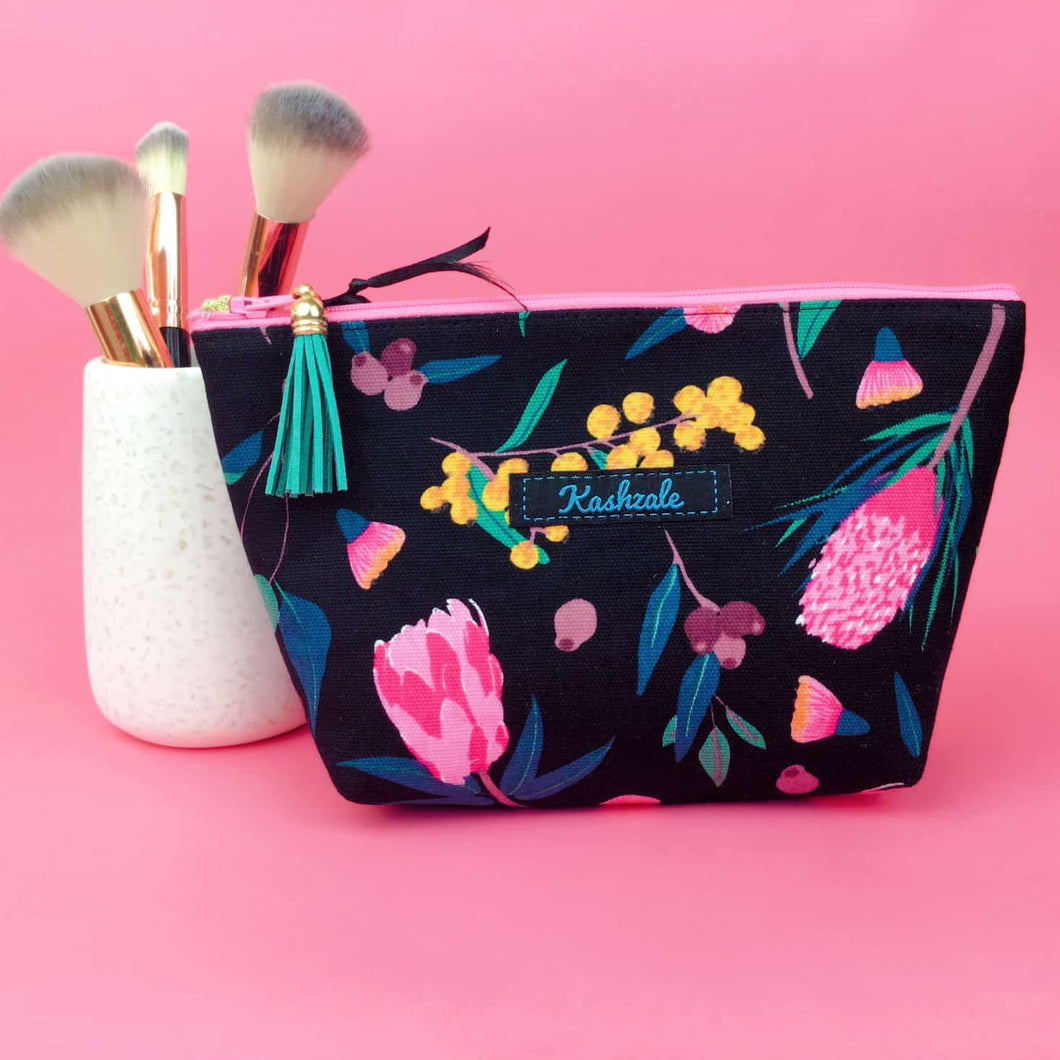 Protea Medium Cosmetic Bag. Black and Pink