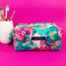 Load image into Gallery viewer, Teal and Pink Floral Large Box Cosmetic Bag.
