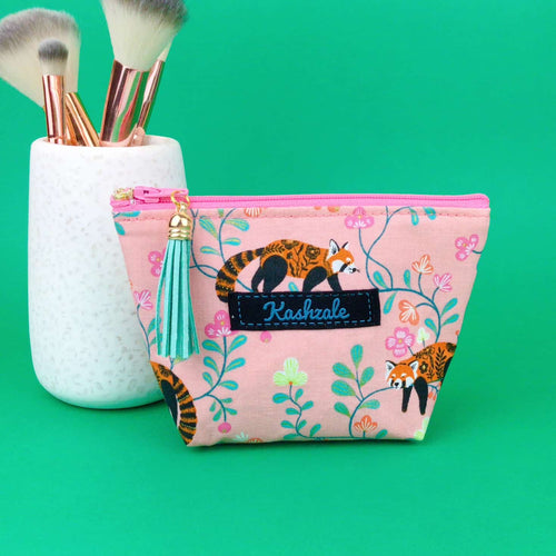 Red Panda Small Makeup Bag.  Coral Small Makeup Bag. - Kashzale Cosmetic Bags