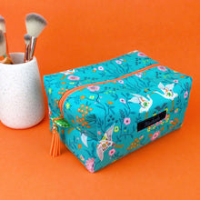 Load image into Gallery viewer, Aqua Cranes Large Box Cosmetic Bag. Aqua Makeup Bag
