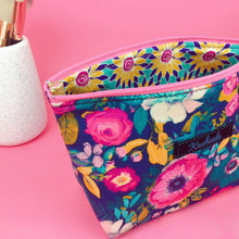 Load image into Gallery viewer, Navy and Pink Floral Medium Cosmetic Bag.
