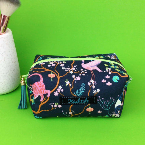 Navy Pandas and Tigers Medium Box Makeup Bag. Navy Makeup Bag - Kashzale Cosmetic Bags