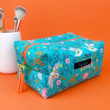 Load image into Gallery viewer, Aqua Cranes Large Box Cosmetic Bag. Aqua Makeup Bag
