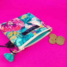 Load image into Gallery viewer, Teal and Pink Floral Coin Purse.
