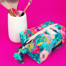 Load image into Gallery viewer, Teal and Pink Floral Medium Box Makeup Bag.
