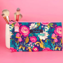 Load image into Gallery viewer, Navy and Pink Floral Zipper Pouch, Travel Pouch.
