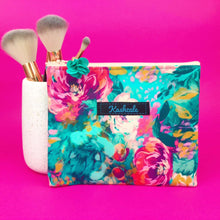 Load image into Gallery viewer, Teal and Pink Floral Small Clutch, Small makeup bag.
