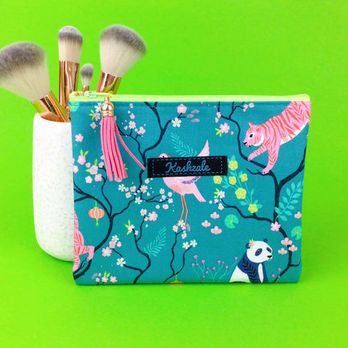 Teal Pandas and Tigers Small Clutch, Small makeup bag. Teal Makeup Bag - Kashzale Cosmetic Bags