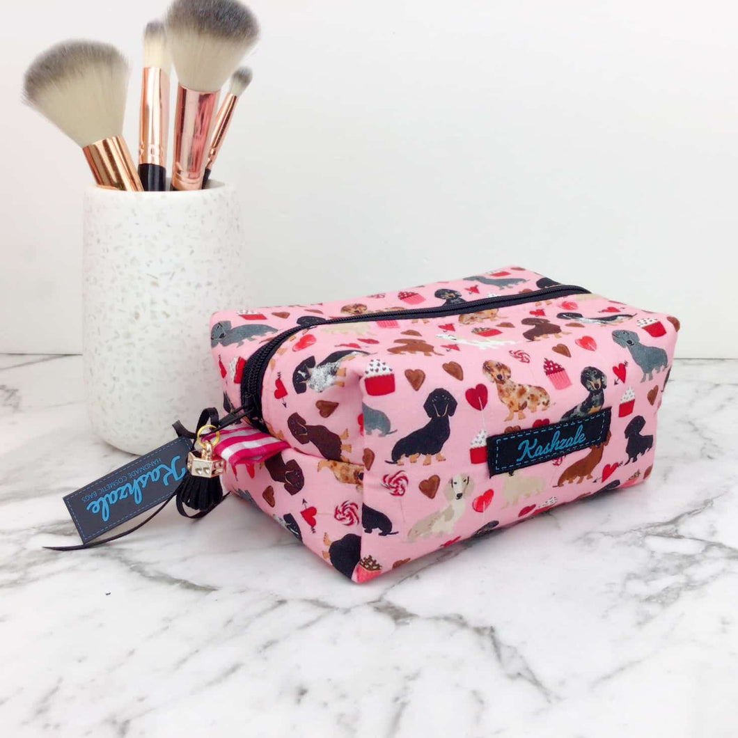 Dachshund Medium Box Makeup Bag. Pink