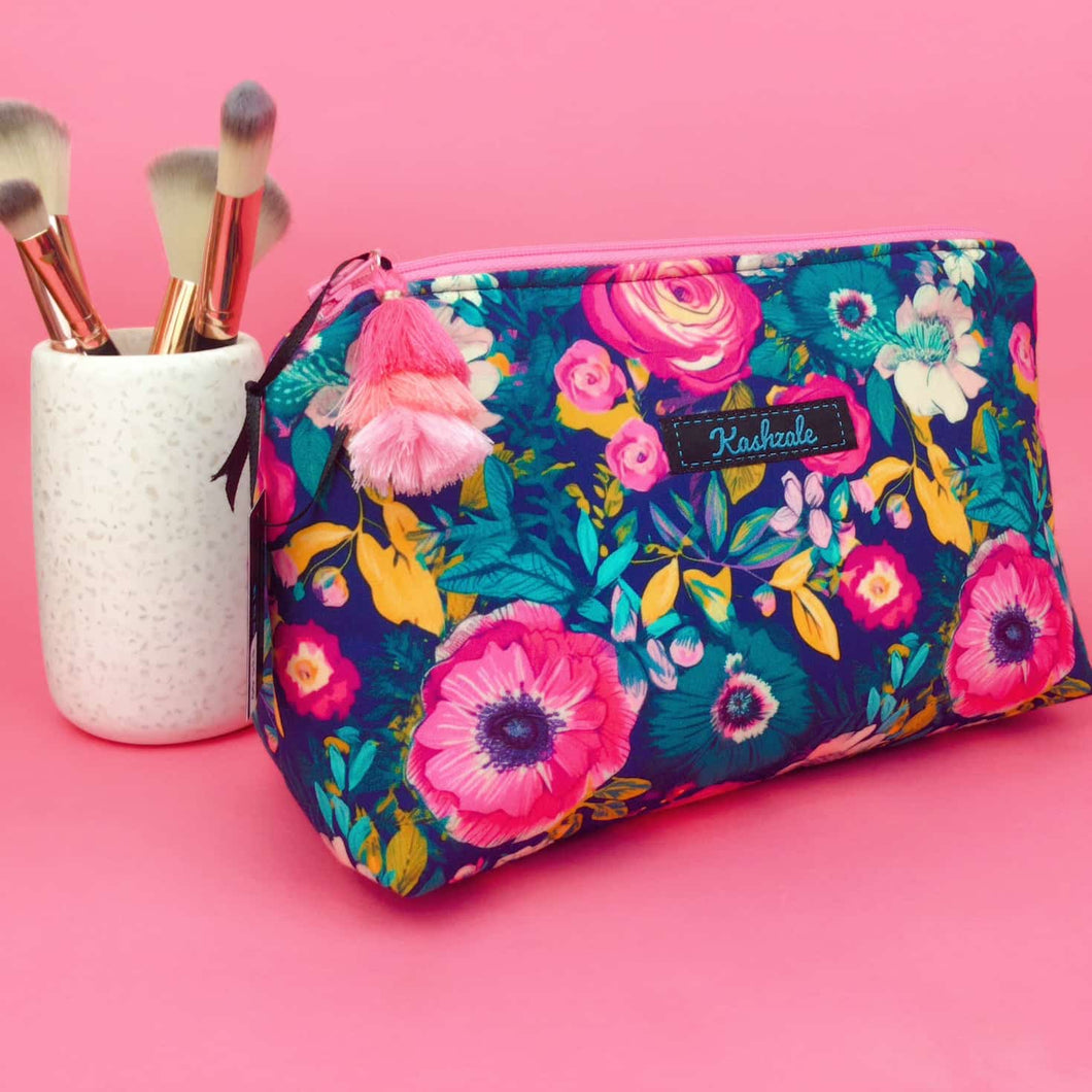 Navy and Pink Floral Medium Makeup Bag.