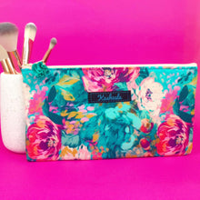 Load image into Gallery viewer, Teal and Pink Floral Zipper Pouch, Travel Pouch.l
