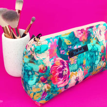 Load image into Gallery viewer, Teal and Pink Floral Medium Makeup Bag.
