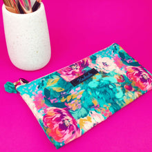 Load image into Gallery viewer, Teal and Pink Floral Zipper Pouch, Travel Pouch.l
