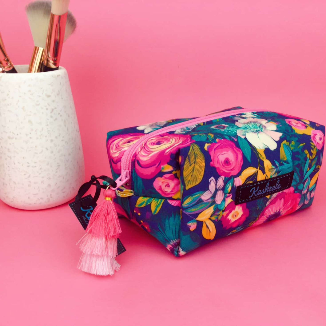 Navy and Pink Floral Medium Box Makeup Bag.