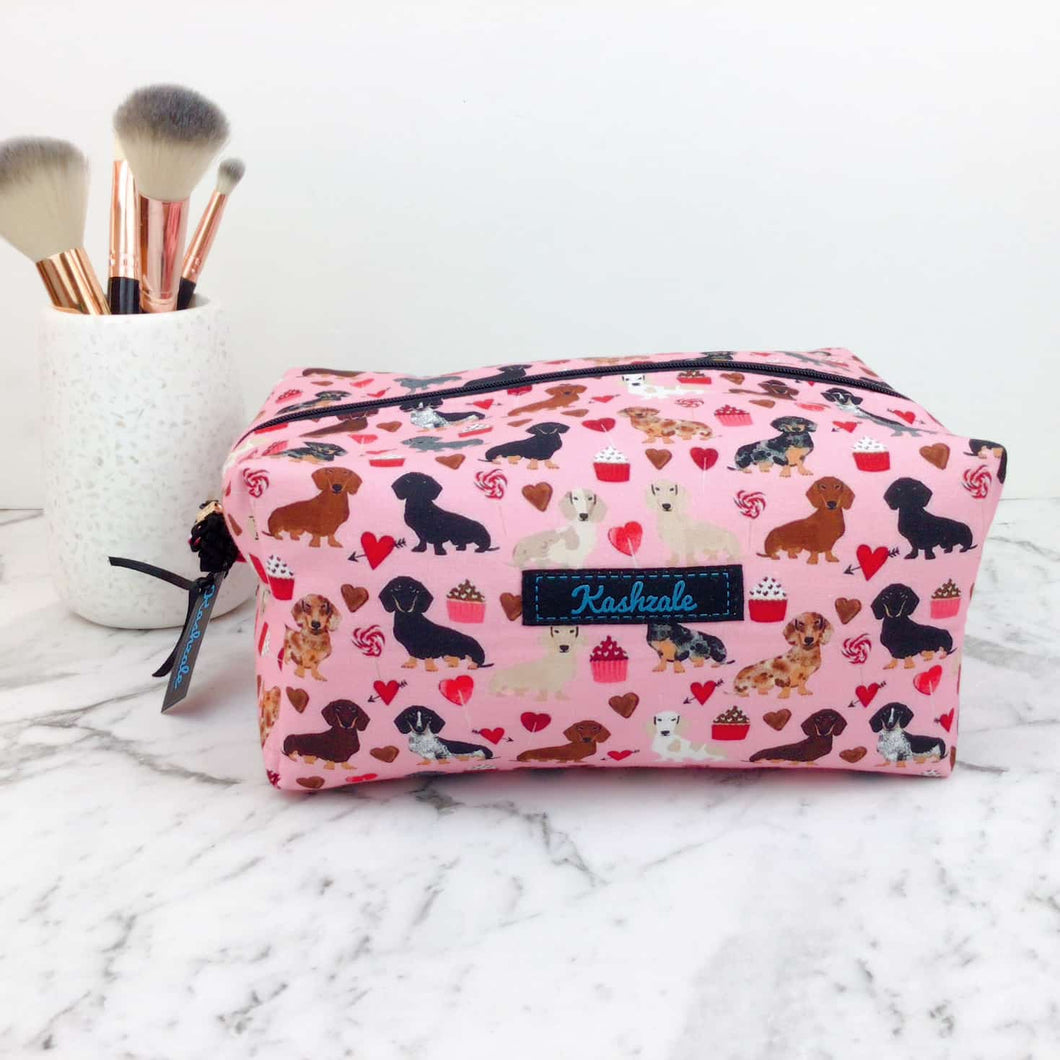 Dachshund Large Box Cosmetic Bag. Pink