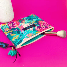 Load image into Gallery viewer, Teal and Pink Floral Small Clutch, Small makeup bag.
