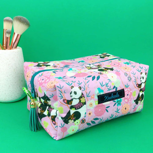 Pink Pandas Large Box Cosmetic Bag. Pink Makeup Bag - Kashzale Cosmetic Bags