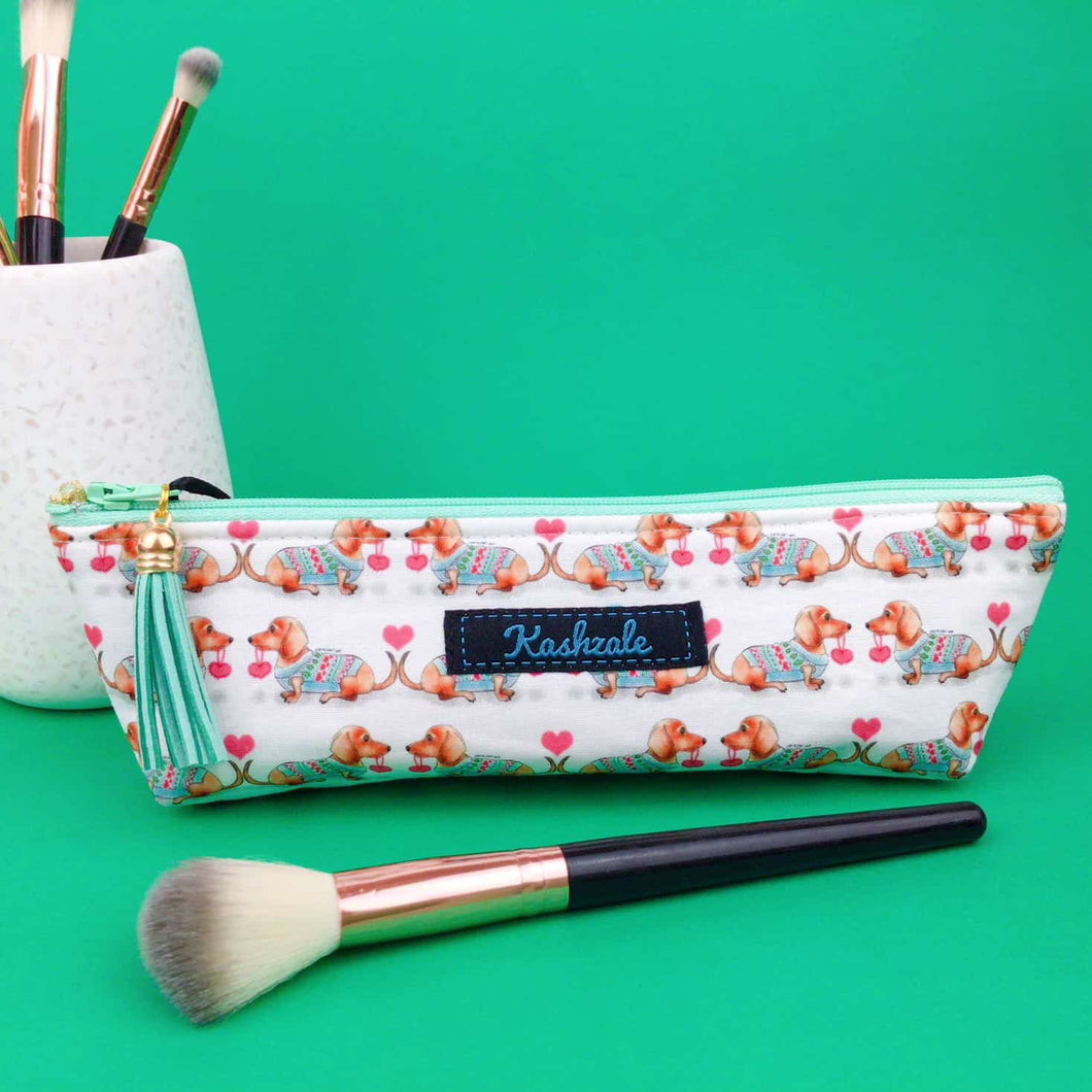 Dachshund Makeup Brush Bag. White