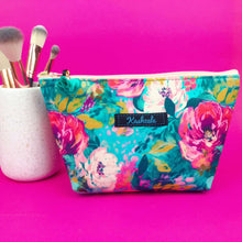 Load image into Gallery viewer, Teal and Pink Floral Medium Cosmetic Bag.
