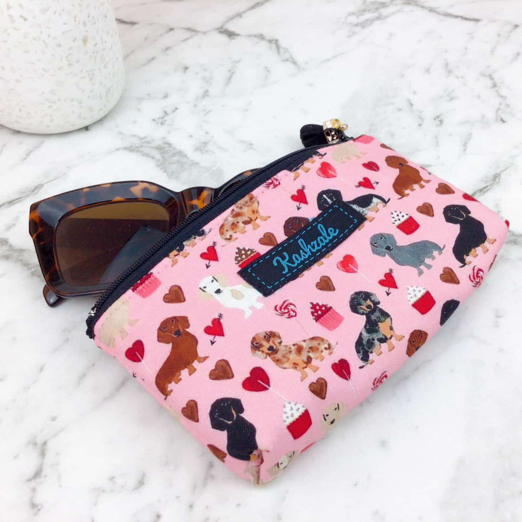 Dachshund Sunglasses bag, glasses case. Pink