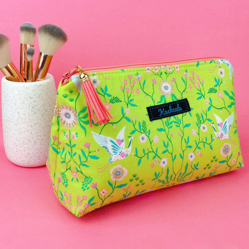 Lime Cranes Medium Makeup Bag. Green Makeup Bag. - Kashzale Cosmetic Bags