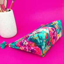 Load image into Gallery viewer, Teal and Pink Floral Medium Cosmetic Bag.
