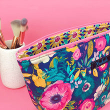 Load image into Gallery viewer, Navy and Pink Floral Large Makeup Bag.
