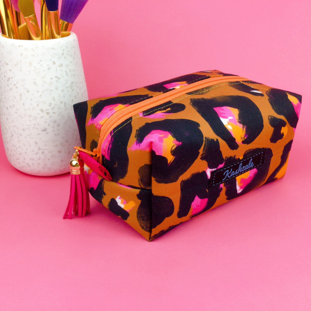 Bronze Leopard Medium Box Makeup Bag. Kasey Rainbow Design.