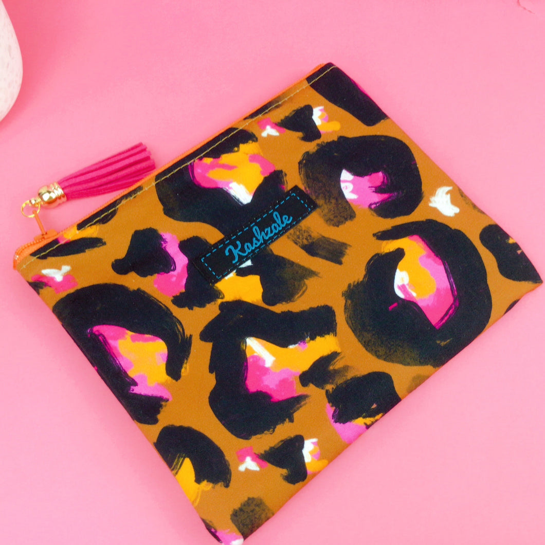 Bronze Leopard Clutch, Small makeup bag. Kasey Rainbow Design.