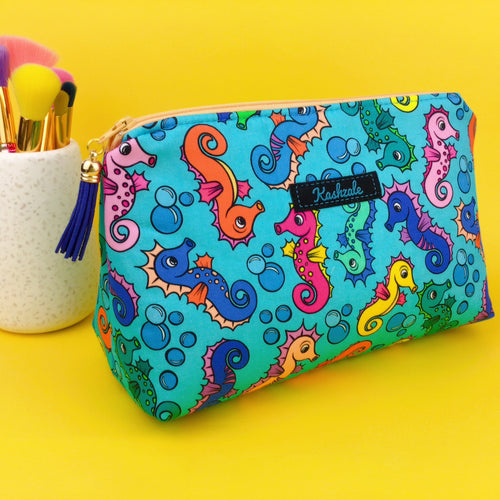 Seahorse Blue Medium Makeup Bag. Kasey Rainbow Design. - Kashzale Cosmetic Bags