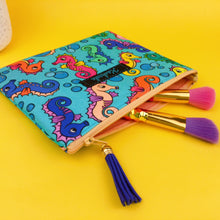 Load image into Gallery viewer, Seahorse Blue Clutch, Small makeup bag. Kasey Rainbow Design.
