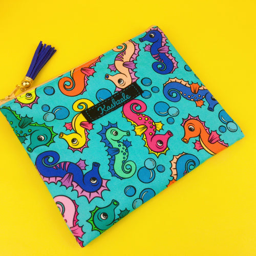 Seahorse Blue Clutch, Small makeup bag. Kasey Rainbow Design. - Kashzale Cosmetic Bags