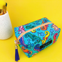 Load image into Gallery viewer, Seahorse Blue Medium Box Makeup Bag. Kasey Rainbow Design.
