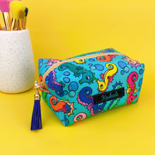 Load image into Gallery viewer, Seahorse Blue Medium Box Makeup Bag. Kasey Rainbow Design.
