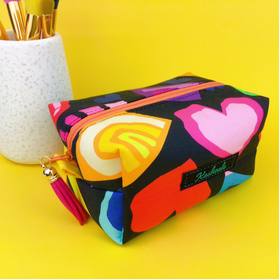 Love and Rainbows Medium Box Makeup Bag. Kasey Rainbow Design.