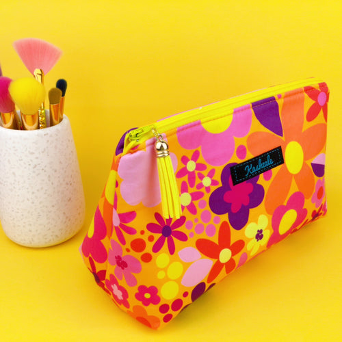 Yellow Flower Patch Medium Makeup Bag. Kasey Rainbow Design. - Kashzale Cosmetic Bags