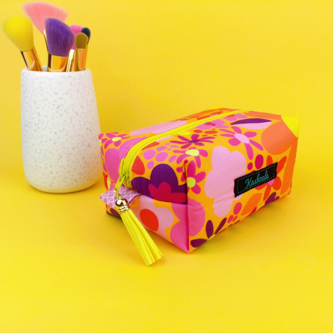 Yellow Flower Patch Medium Box Makeup Bag. Kasey Rainbow Design.